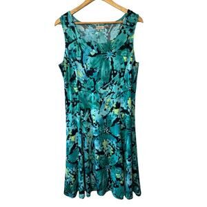 EasyWear by Chico's Blue & Green Patterned Sleeveless Shift Swing Dress Large 12